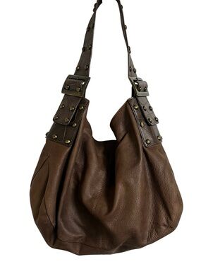 Pulicati brown leather large hobo bag with studs on strap Made in Italy boho